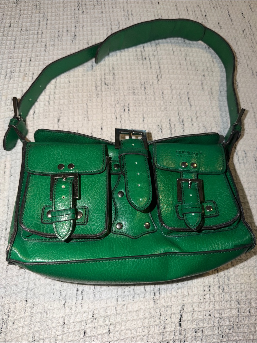 mat & nat Green Vegan Leather Shoulder Bag with Front Buckle Pockets